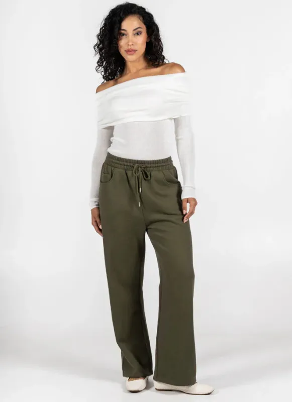 Charly Fleece Straight Leg Pant | Olive sold by Bella Chic