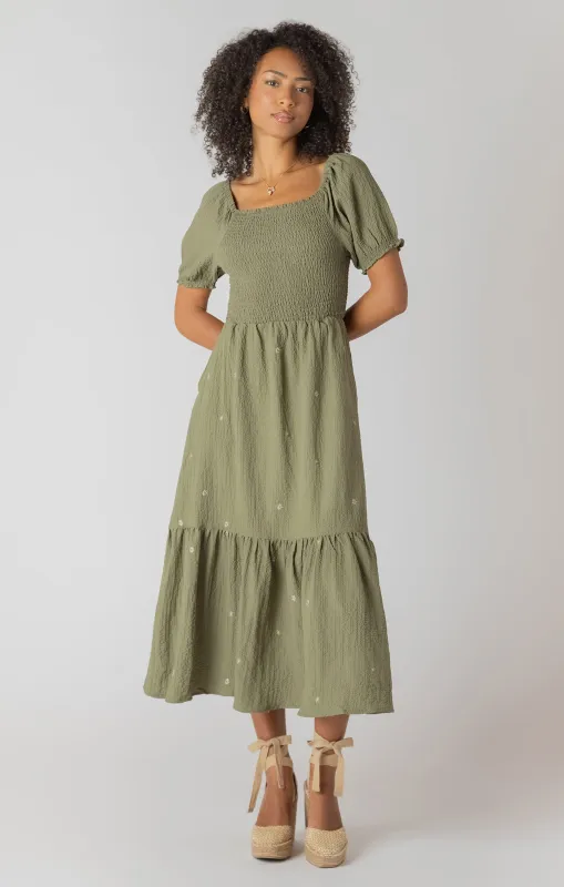 Smocked Tiered Maxi Dress | Sage Emb sold by Bella Chic