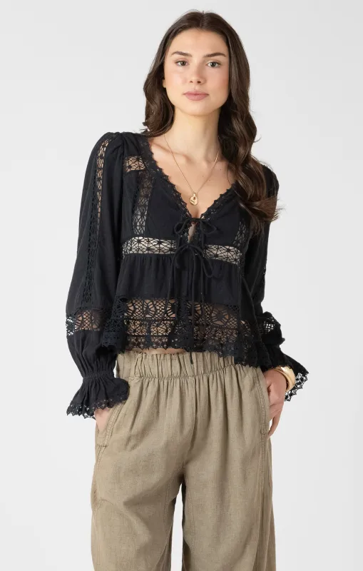 Mixed Fabric Lace Trim Top | Black made by Bella Chic