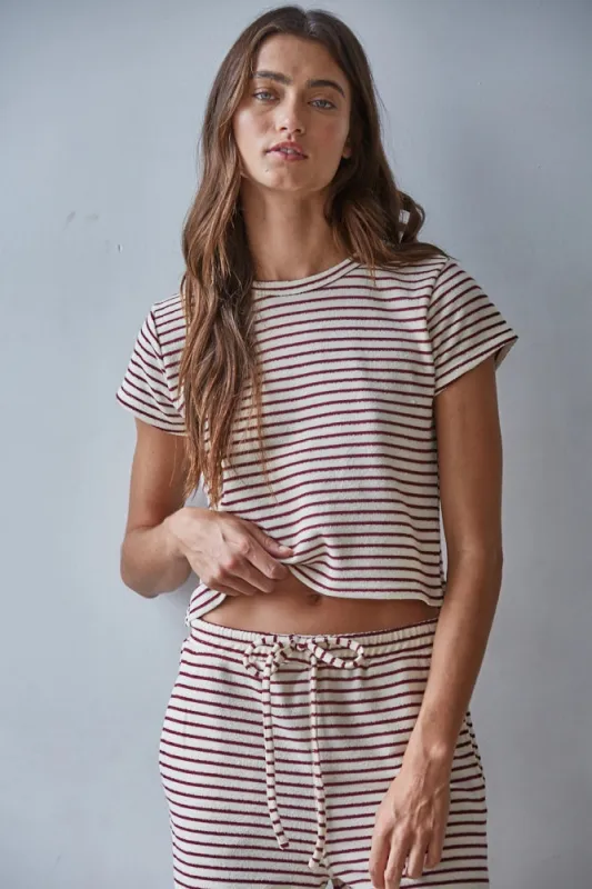 Knit Striped Short Sleeve Top | Cream/Burgundy made by Bella Chic