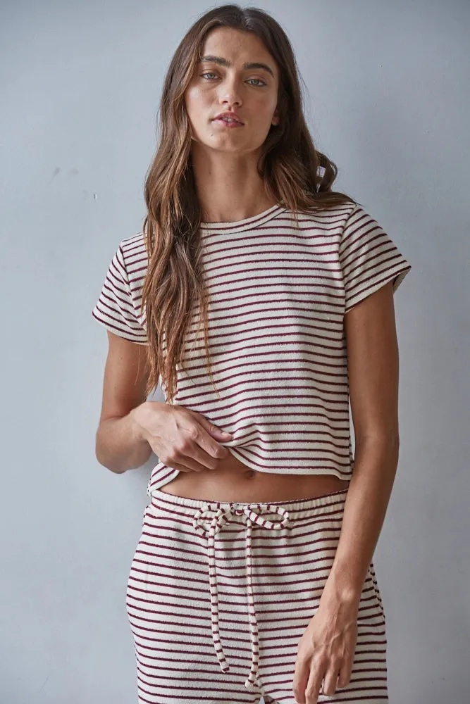 Knit Striped Short Sleeve Top | Cream/Burgundy sold by Bella Chic