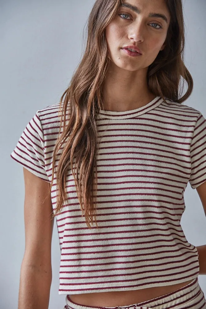 Knit Striped Short Sleeve Top | Cream/Burgundy sold by Bella Chic product image thumbnail 2