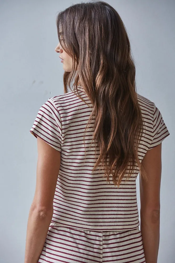 Knit Striped Short Sleeve Top | Cream/Burgundy sold by Bella Chic product image thumbnail 3