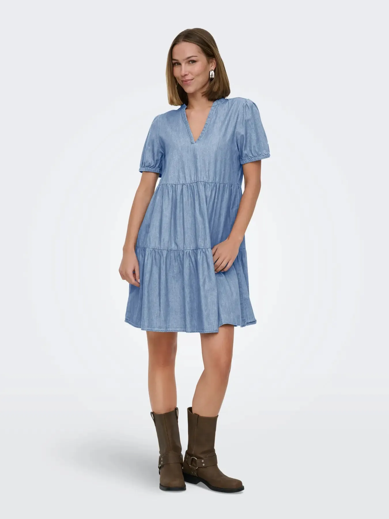 Nova Short Sleeve Dress | Light Blue Denim sold by Bella Chic