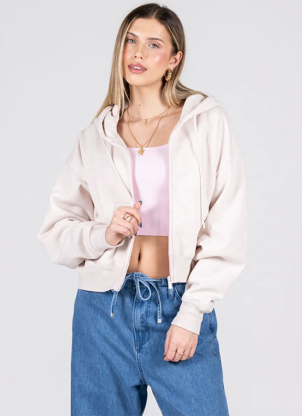 Fleece Zip Hoodie | Heather Beige sold by Bella Chic