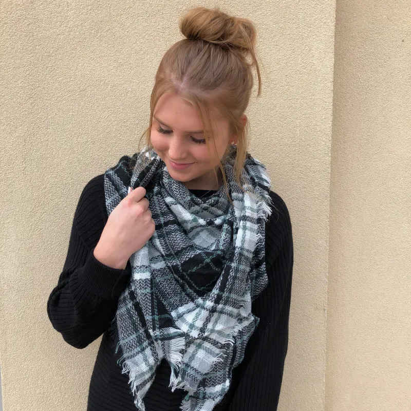 Plaid Triangle Scarf - Black/White/Teal made by Bella Chic