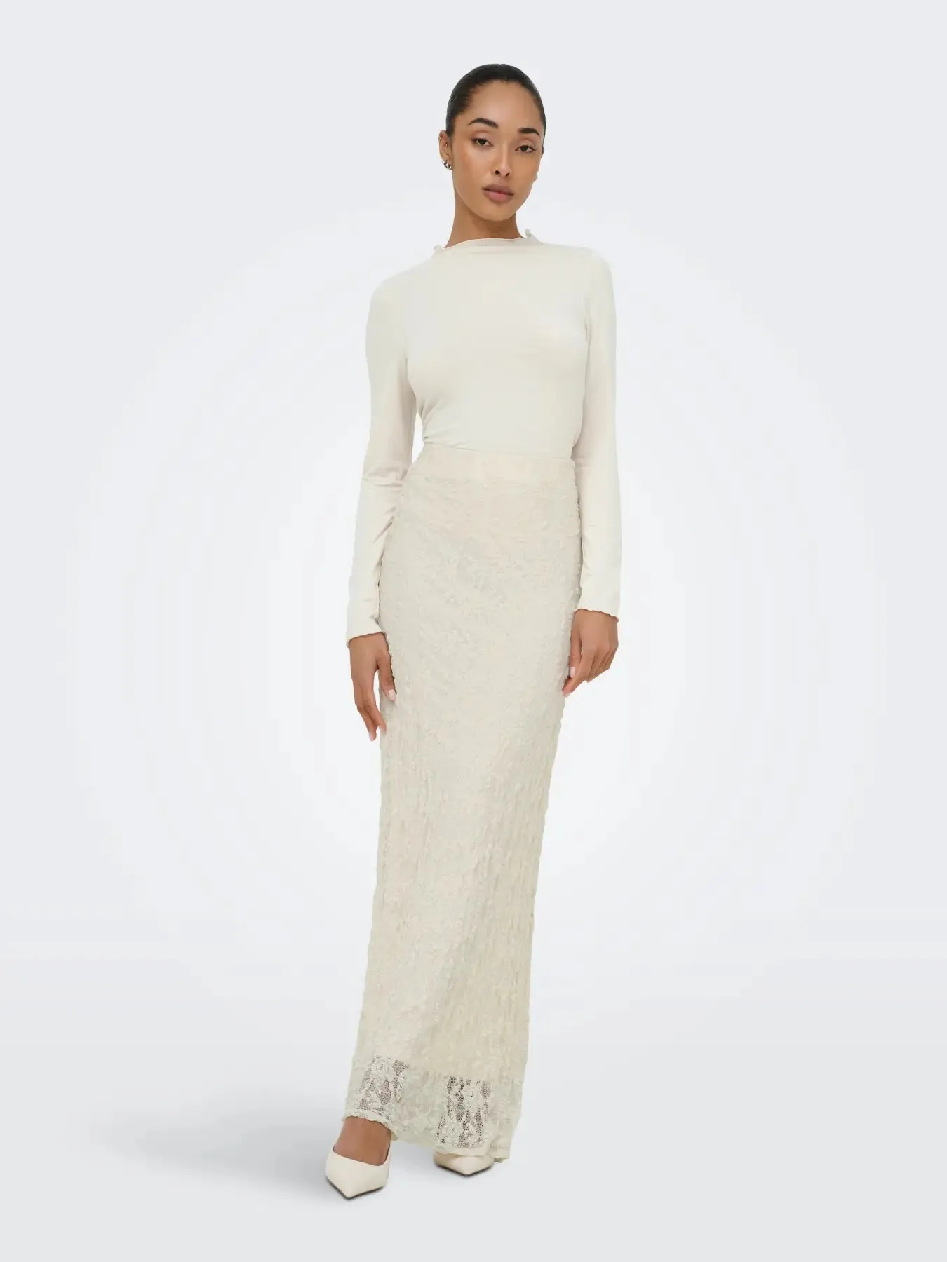 Albina Long Lace Skirt | Birch sold by Bella Chic