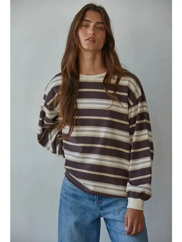 Coffee Run Striped Long Sleeve | Cream/Brown made by By Together