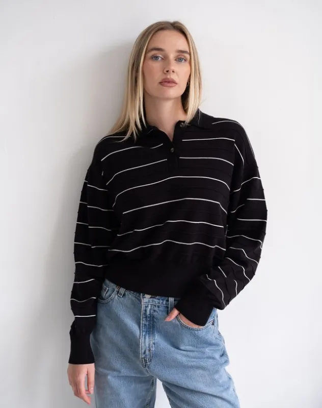 Knit Polo Shirt | Black w/ Cream made by Brunette The Label
