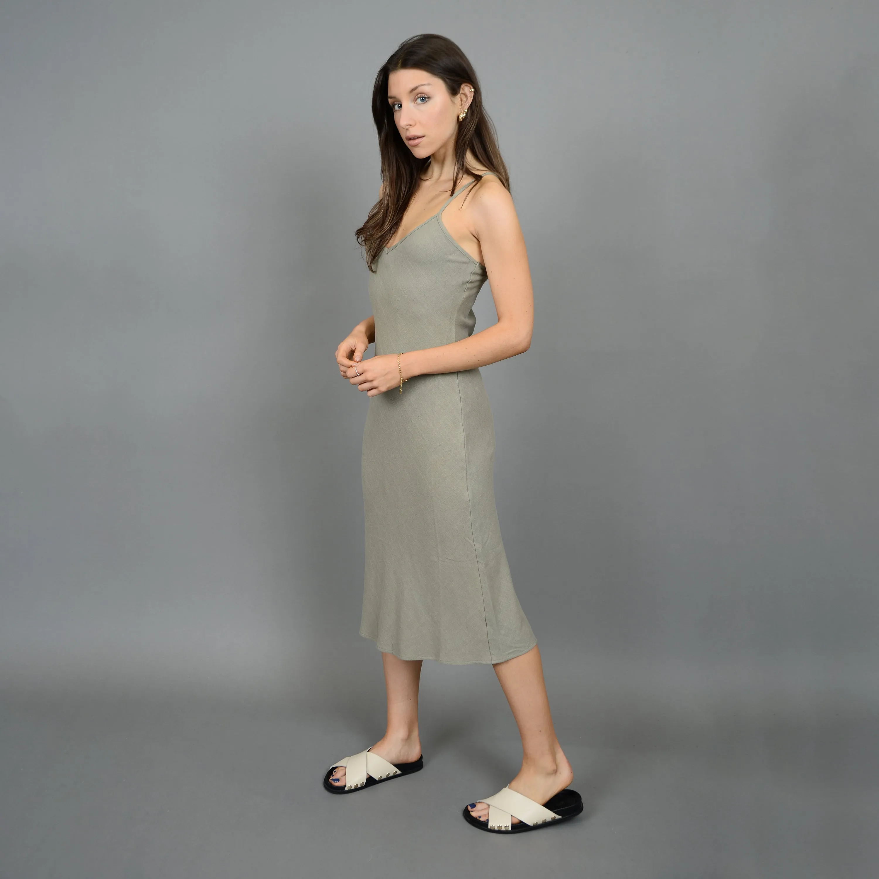 Layla Linen Blend Shoulder Strap Dress | Moss sold by Bella Chic product image thumbnail 4