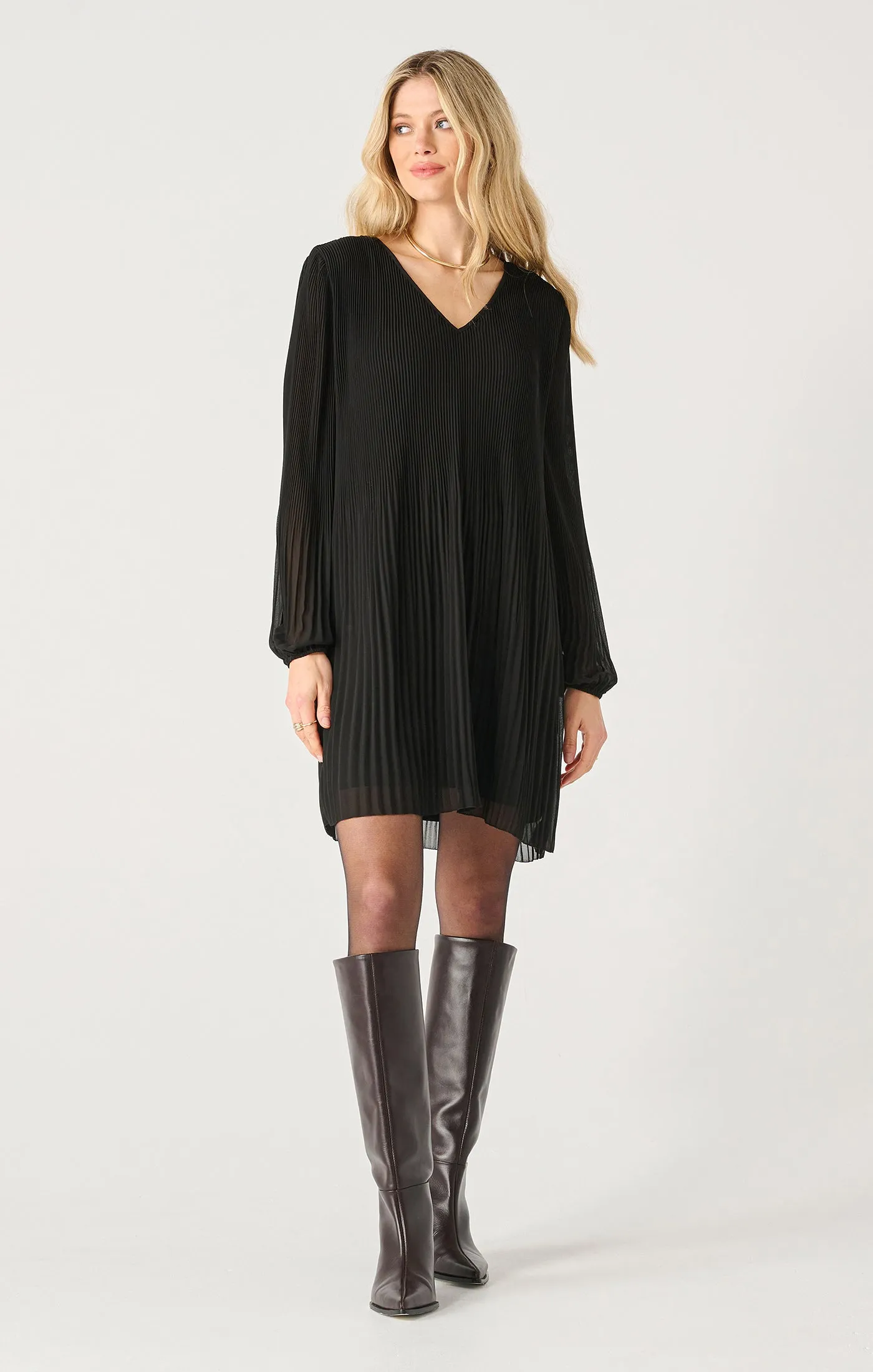 Long Sleeve Pleated A-Line Dress | Black sold by Bella Chic