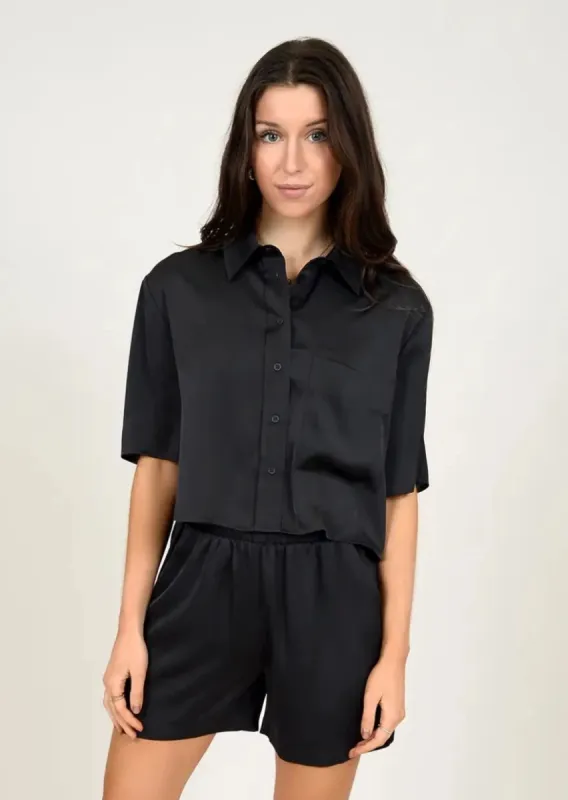 Suzy Short Sleeve Satin Shirt | Black sold by Bella Chic
