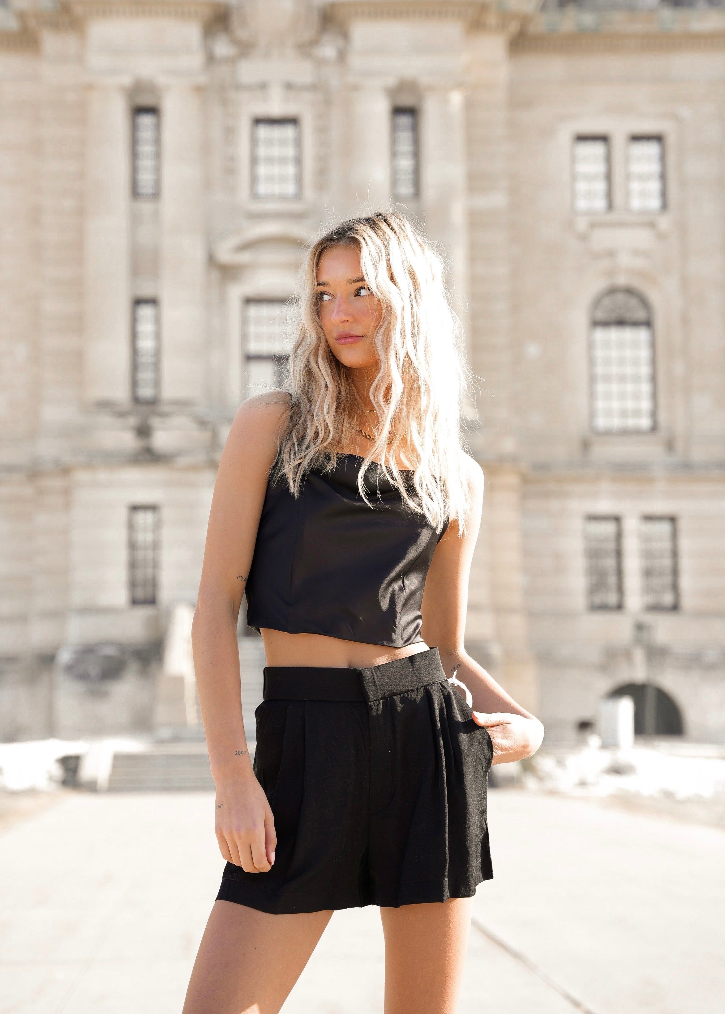 Connie Crop Satin Tank | Black sold by Bella Chic