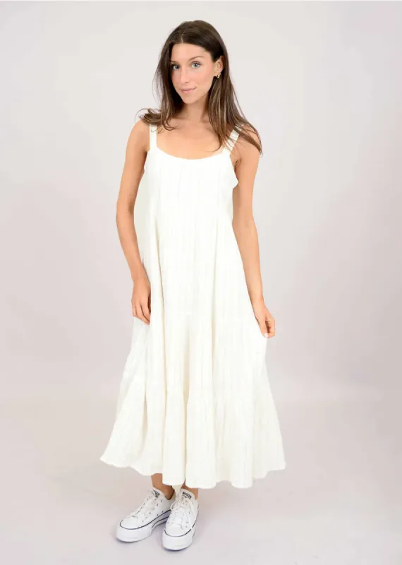 Solara Crinkle Tiered Tank Dress | White Stripe sold by Bella Chic