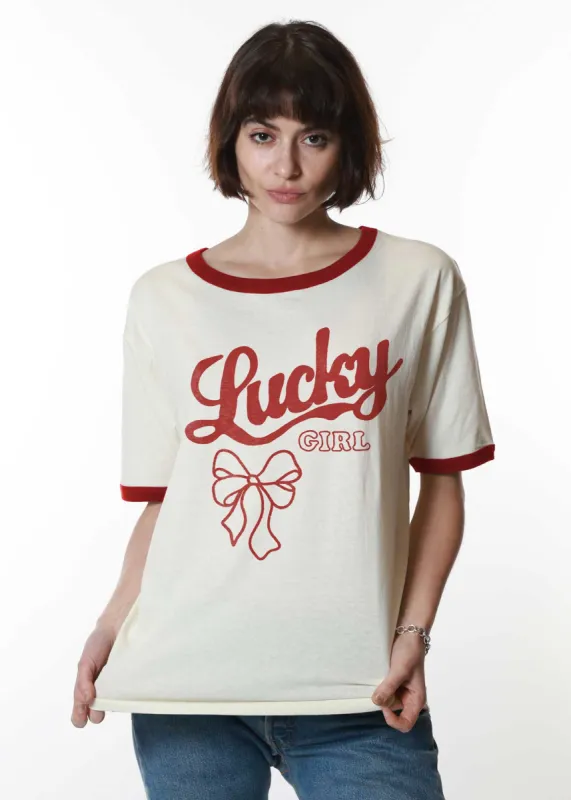 Slouchy Ringer Tee 'Lucky Girl' | Bone & Red sold by Bella Chic