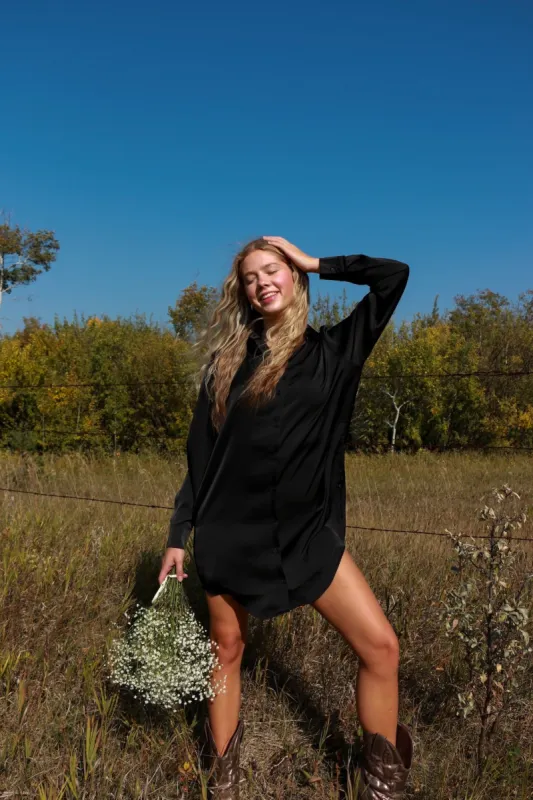 Penelope Satin Shirt Dress | Black sold by Bella Chic