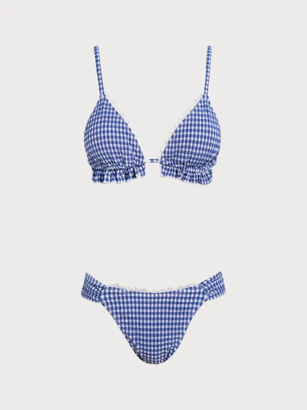 Blue Plaid Ruffle Lace Bikini Set made by Samiol