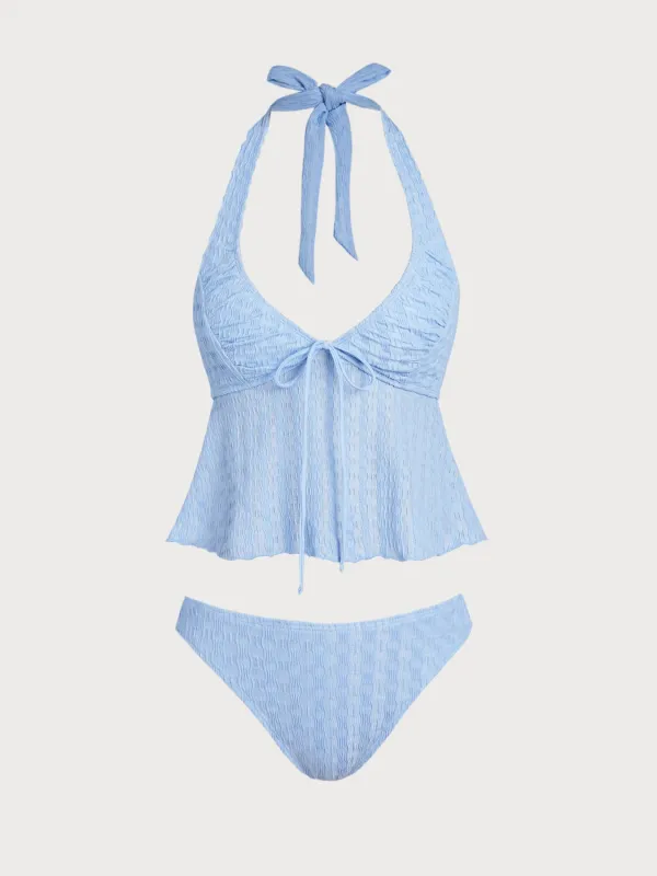 Blue Ruched V-Neck Tankini Set made by Samiol