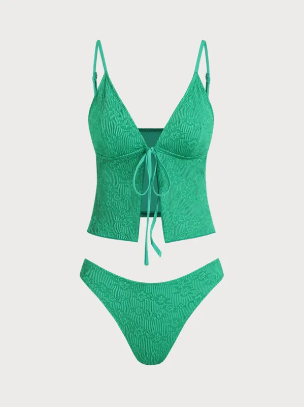 Green Tie Front Jacquard Tankini Set made by Samiol