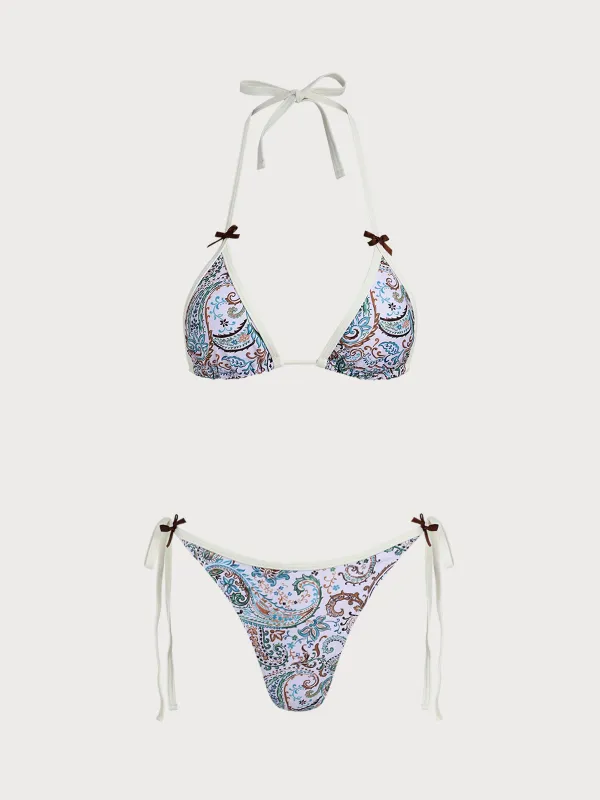 Green Paisley Print Contrast Bow Bikini Set made by Samiol