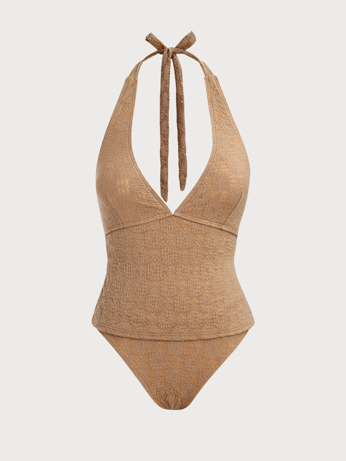 Brown Floral Textured Halter Tankini Set sold by Samiol product image thumbnail 5