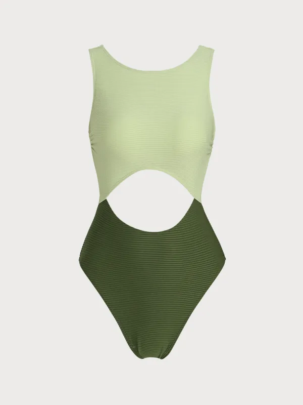 Green Contrast Ribbed Hollow One-Piece Swimsuit made by Samiol