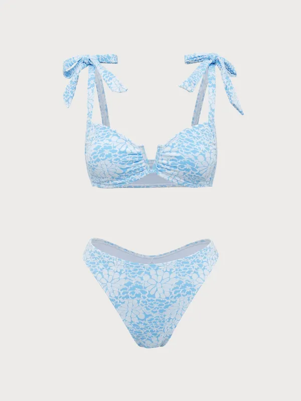 Blue Contrast Color V-Neck Bikini Set made by Samiol