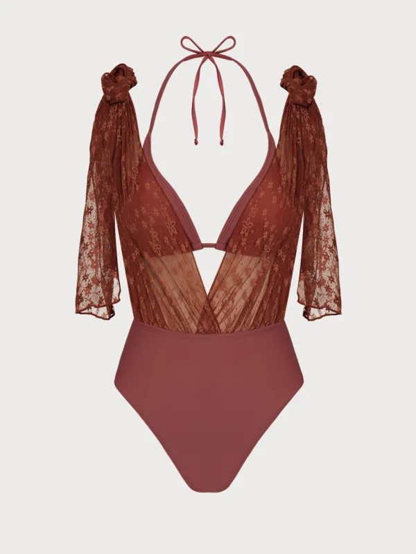 Brown Lace Floral Cutout Bikini Set made by Samiol