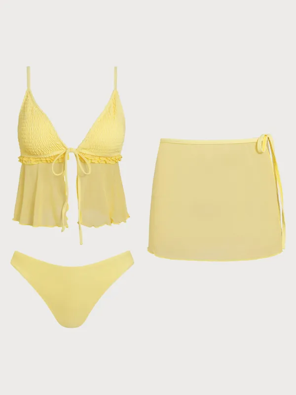 Yellow Ruffle Shirred Tankini Three-Piece Set made by Samiol