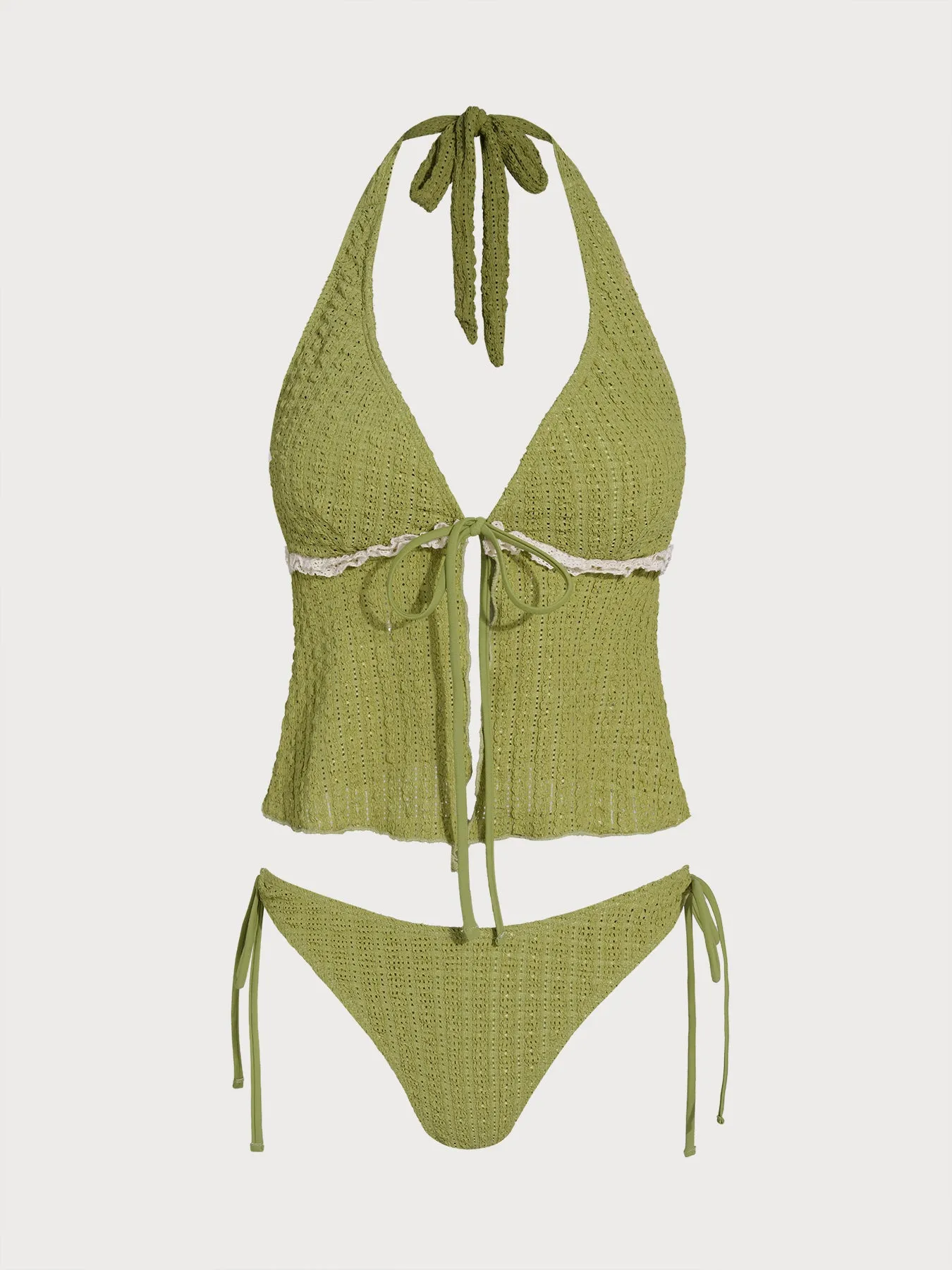 Green Contrast Lace Trim Tie-Front Tankini Set sold by Samiol