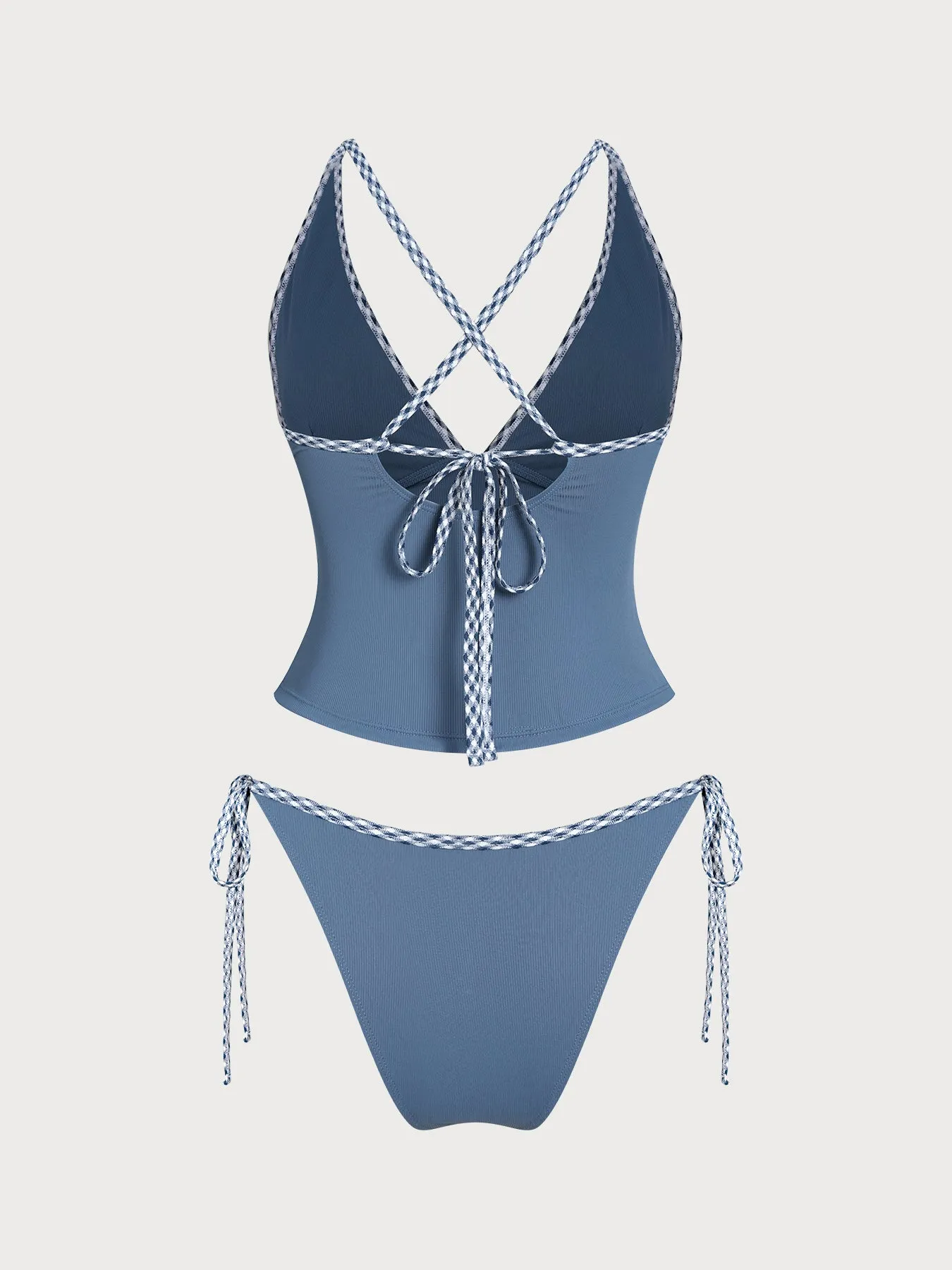 Dusty Blue Contrast Gingham Trim Tankini Set sold by Samiol product image thumbnail 3