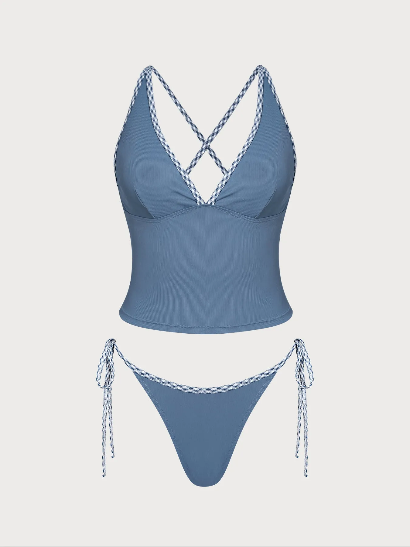 Dusty Blue Contrast Gingham Trim Tankini Set sold by Samiol product image thumbnail 2