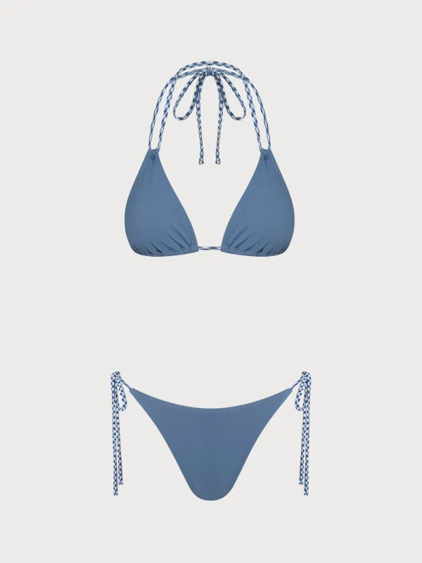 Dusty Blue Contrast Tie Bikini Set made by Samiol