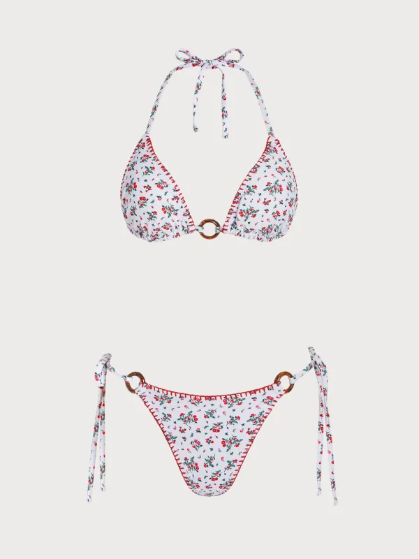 Red O-Ring Floral Contrast Bikini Set made by Samiol