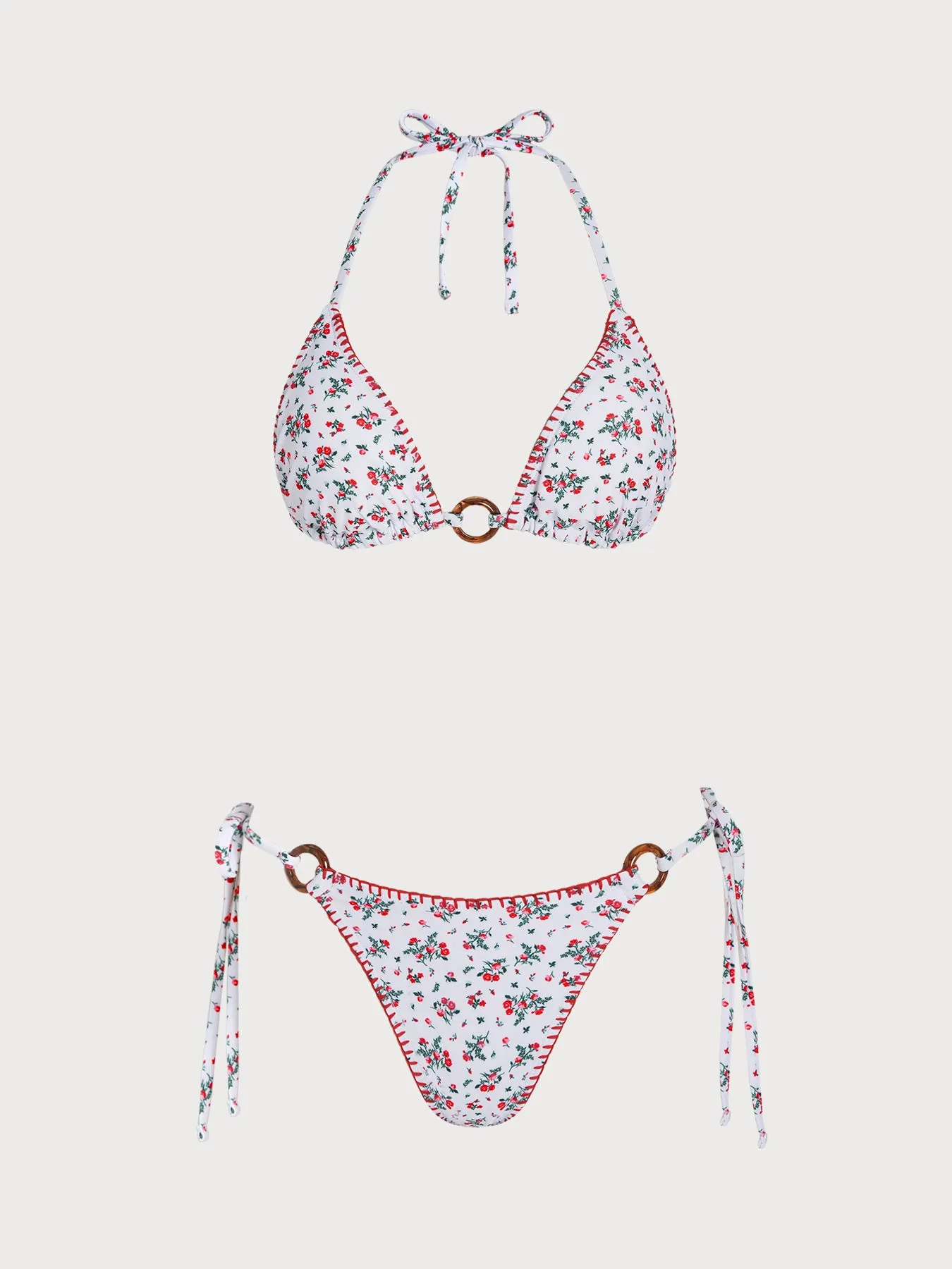 Red O-Ring Floral Contrast Bikini Set sold by Samiol