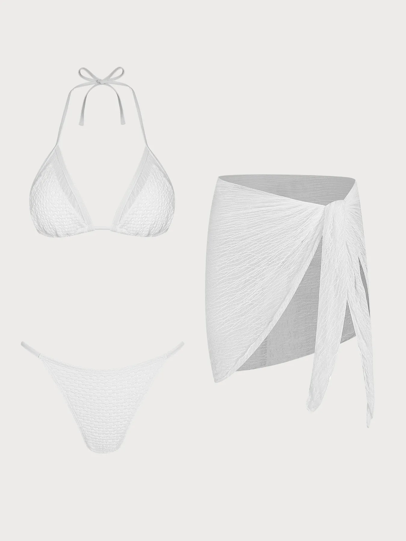 White Solid Textured Bikini Three Piece Set sold by Samiol product image thumbnail 2