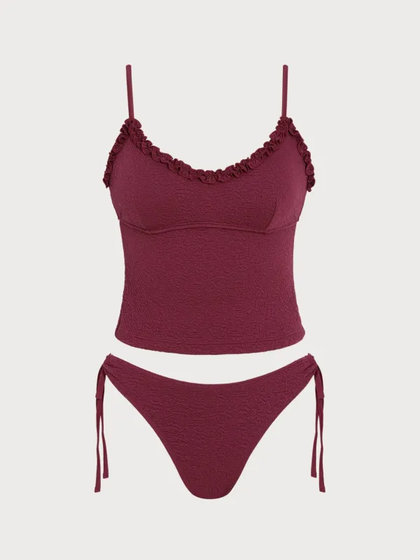 Brick Red Solid Ruffle Tankini Set made by Samiol