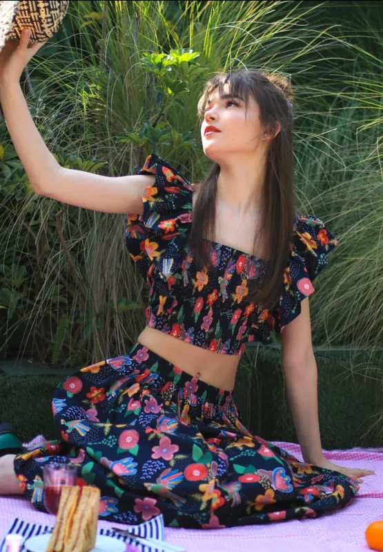 BLACK BIRD RUFFLE SMOCKED TOP made by CALLA THE LABEL