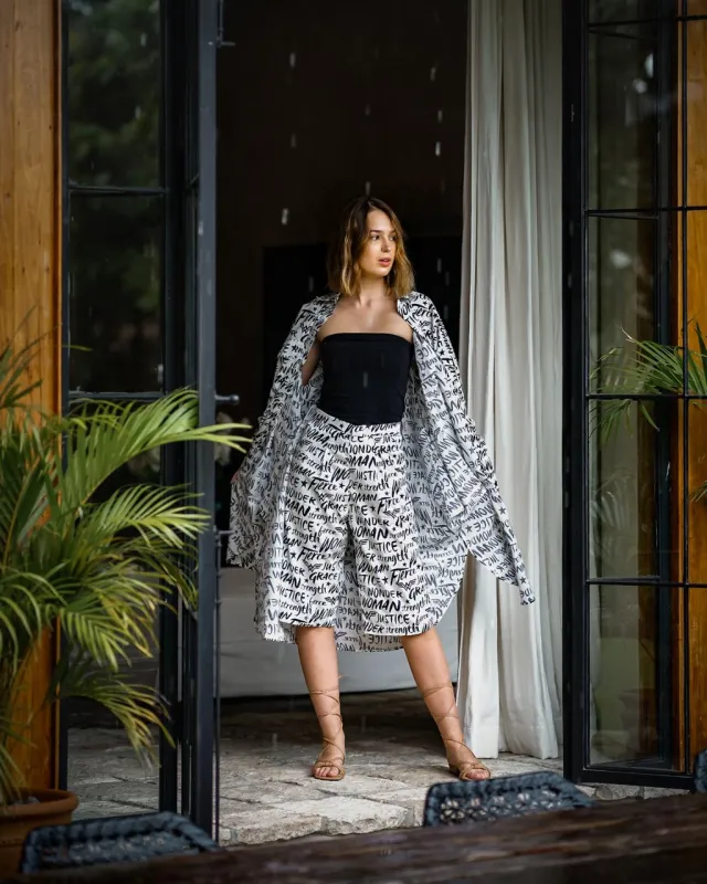 WONDER WOMAN BERMUDA PANTS IN BLACK AND WHITE sold by CALLA THE LABEL