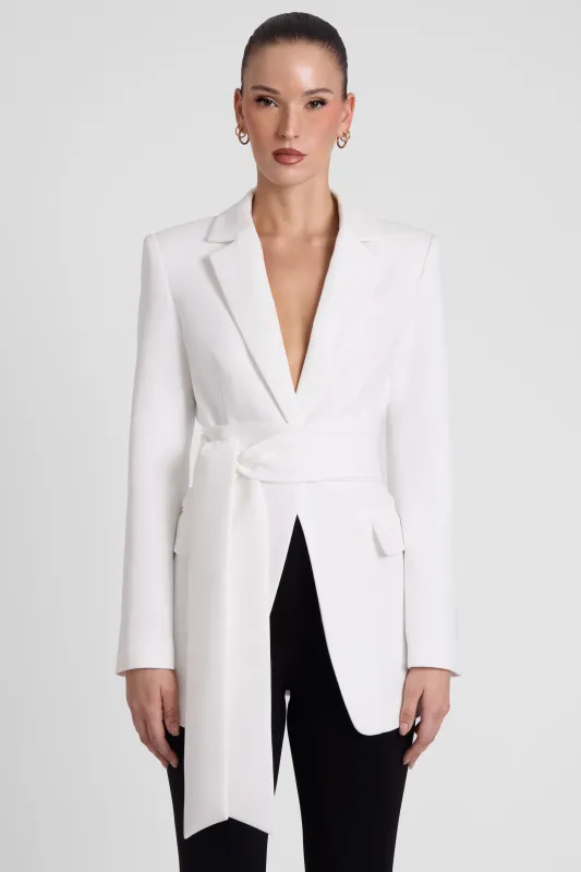 Classic Column Tailored Belted Blazer - White made by LEAU