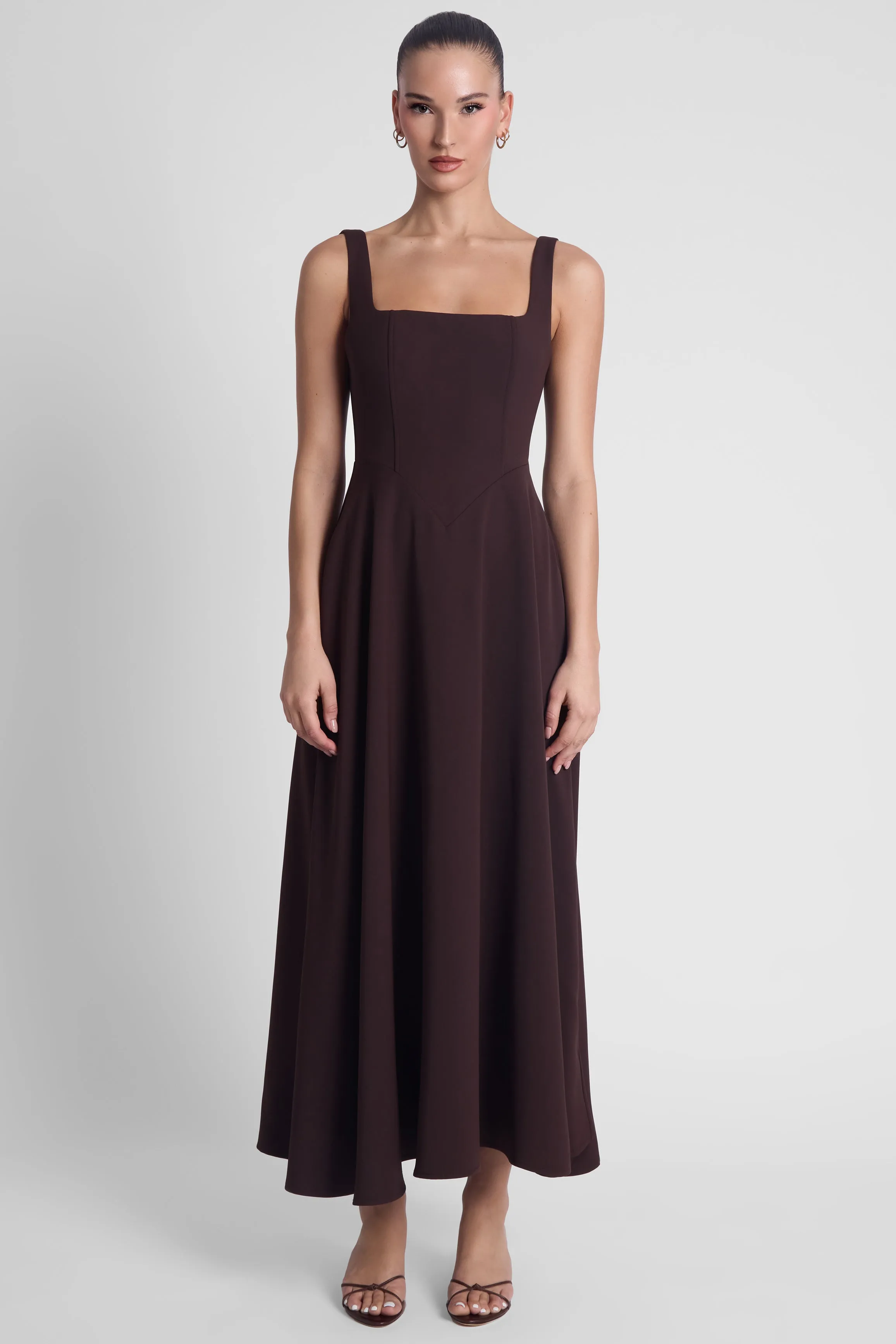 Serenity Square Neck Corset Midi Dress - Chocolate Brown sold by LEAU