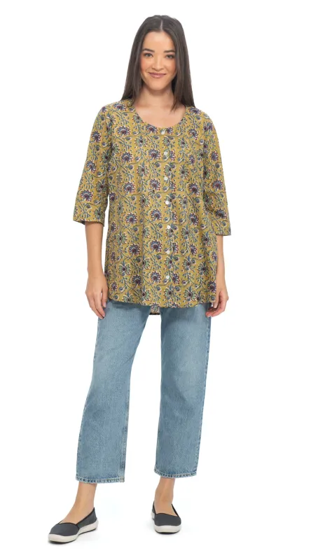 Sara Top-mustard-org.cotton blockprint sold by Alchemy Fashion