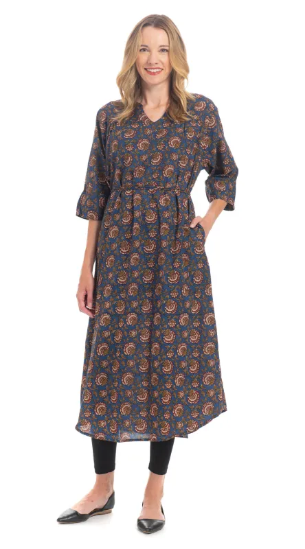 Jaipur Dress - org.cotton blockprint - navy raja sold by Alchemy Fashion