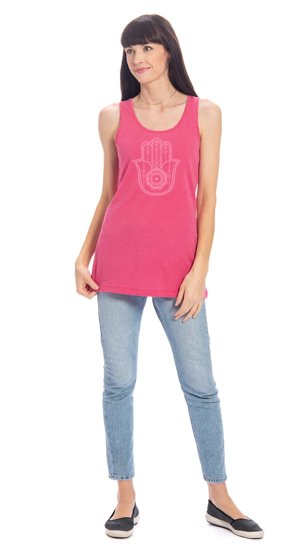 Long Tank - tea rose Hamsa - org.cotton sold by Alchemy Fashion