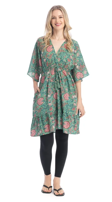 Short Kimono Dress - agave blockprint - organic cotton made by Alchemy Fashion
