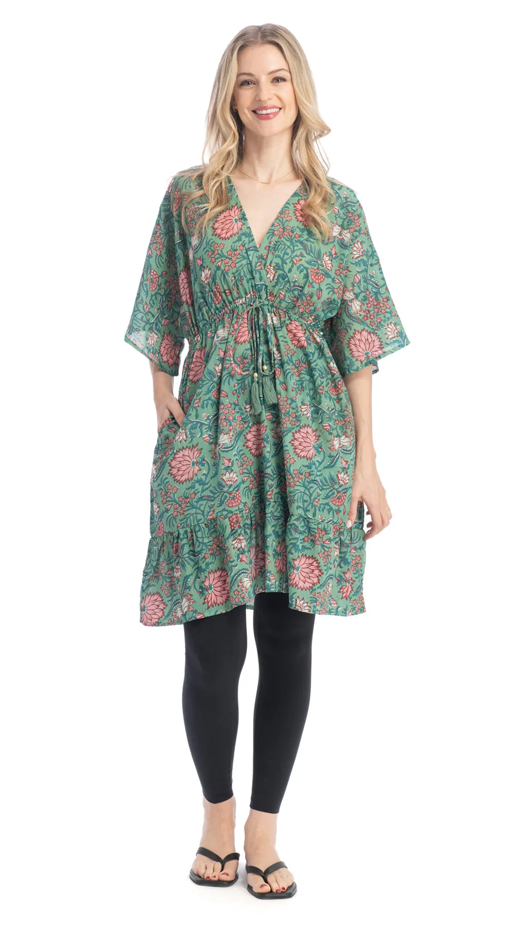 Short Kimono Dress - agave blockprint - organic cotton sold by Alchemy Fashion