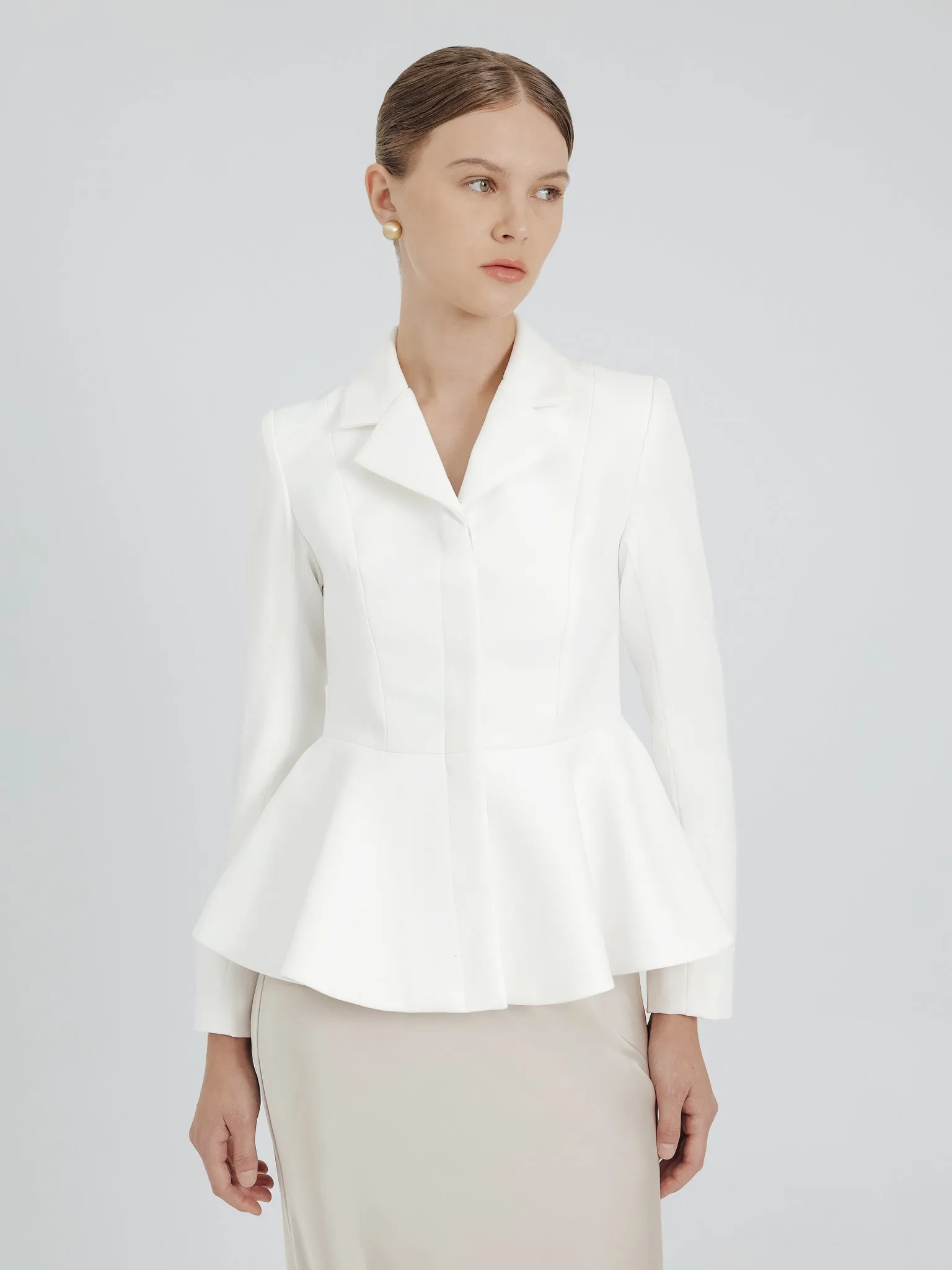 PEPLUM BLAZER IN WHITE sold by BLZR.ID