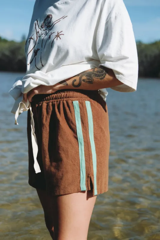 Terry Towelling Shorts - Brown with Mint Stripe sold by Fallen Broken Street