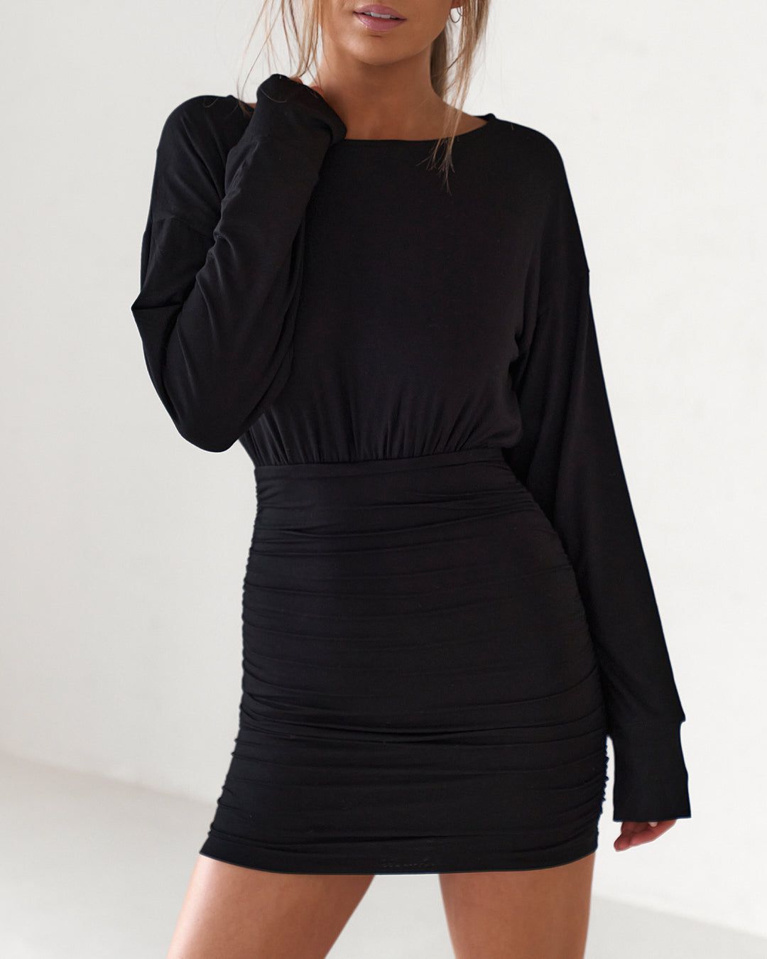 Open Back Long Sleeve Mini Dress - Black (Back Order) sold by Old Sport product image thumbnail 3