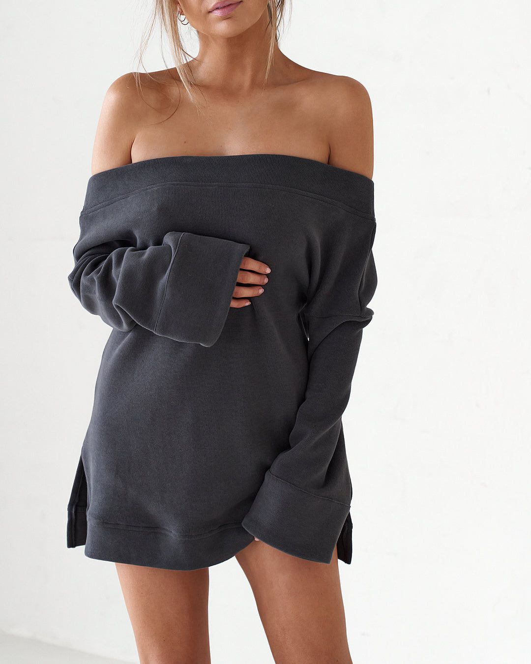 Off The Shoulder Mini Dress - Charcoal (Back Order) sold by Old Sport